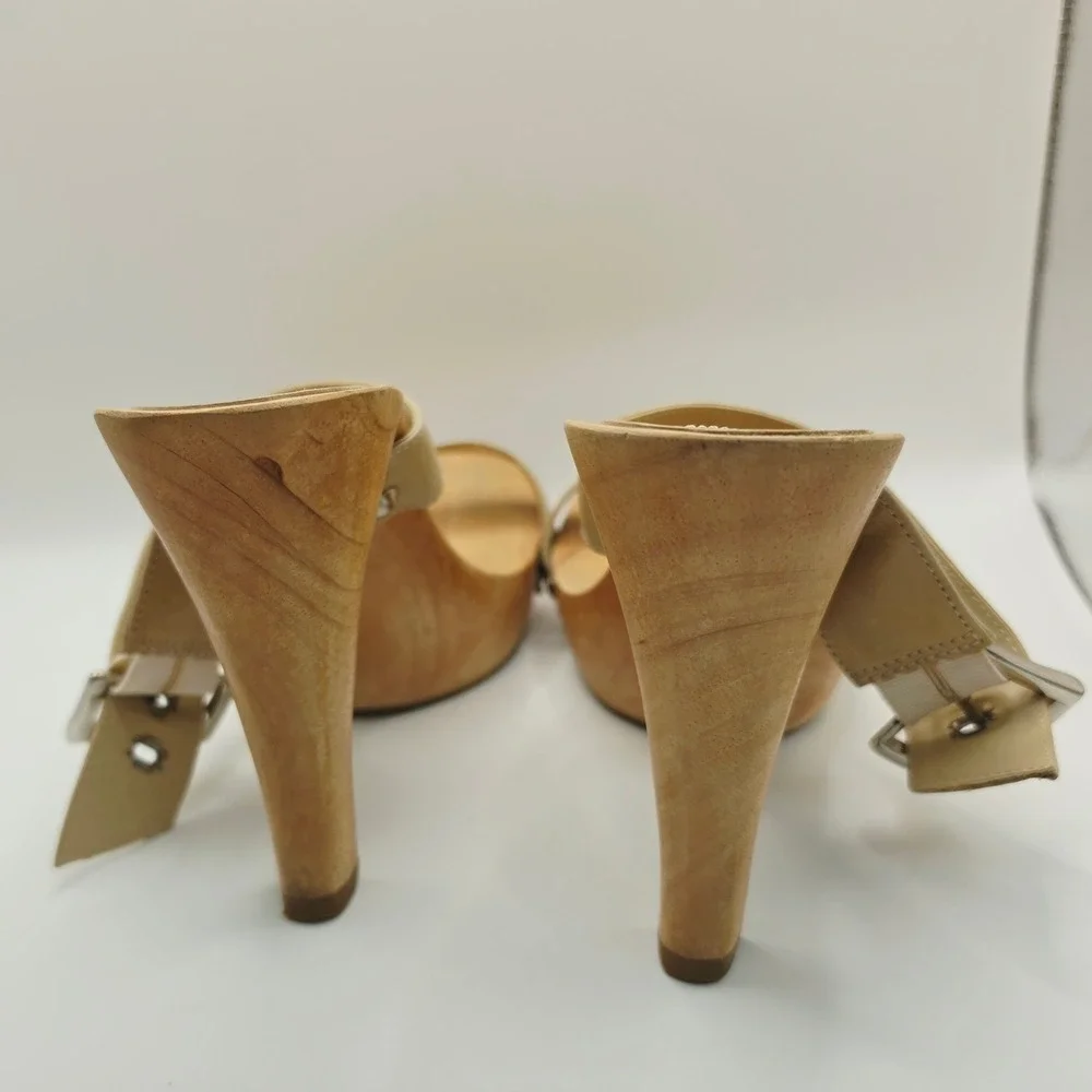 Steve Madden Staci Platform Sandals Womens 10B Beige Wood Leather Buckle Slides